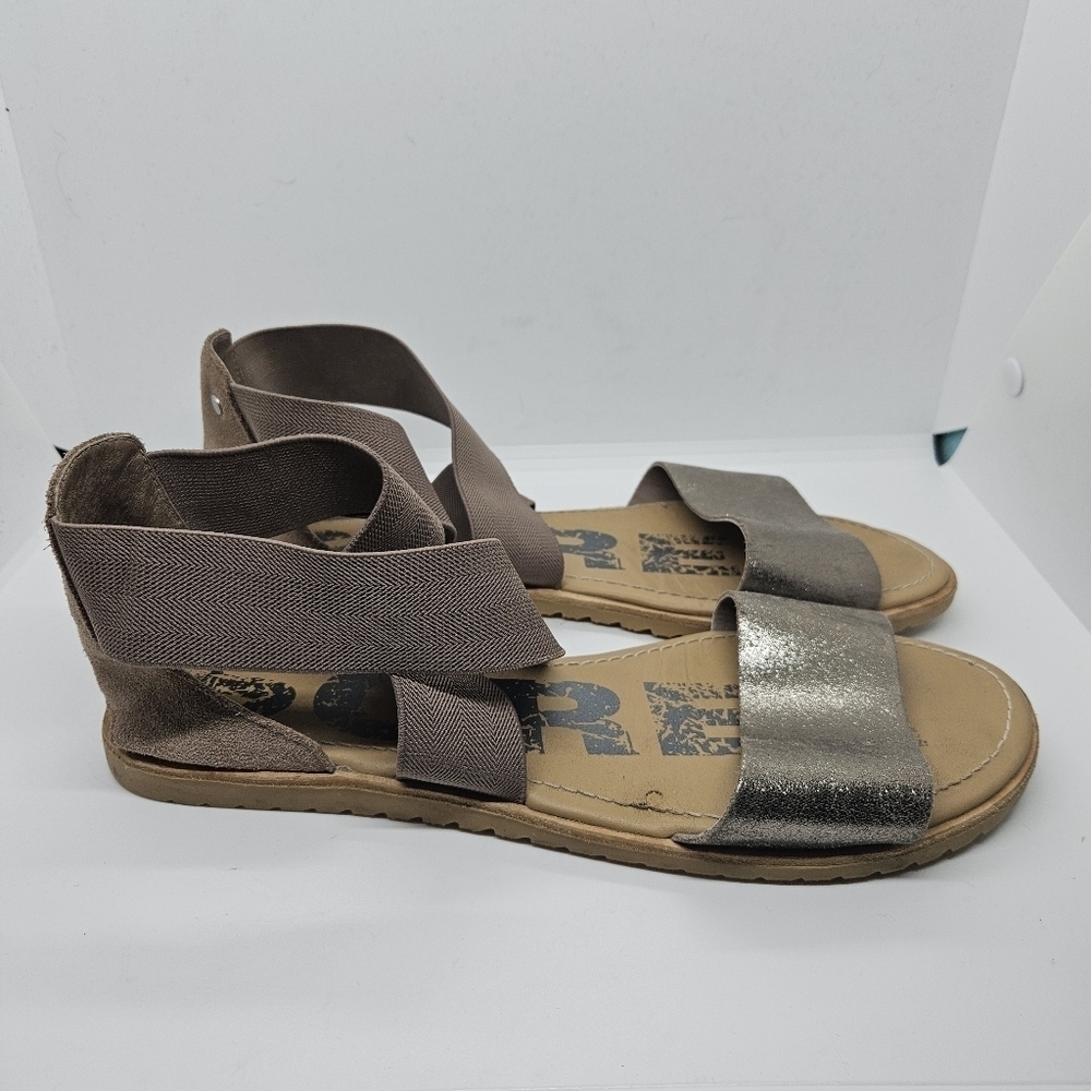 Sorel Ella II taupe and gold shimmer criss cross sandals size 10